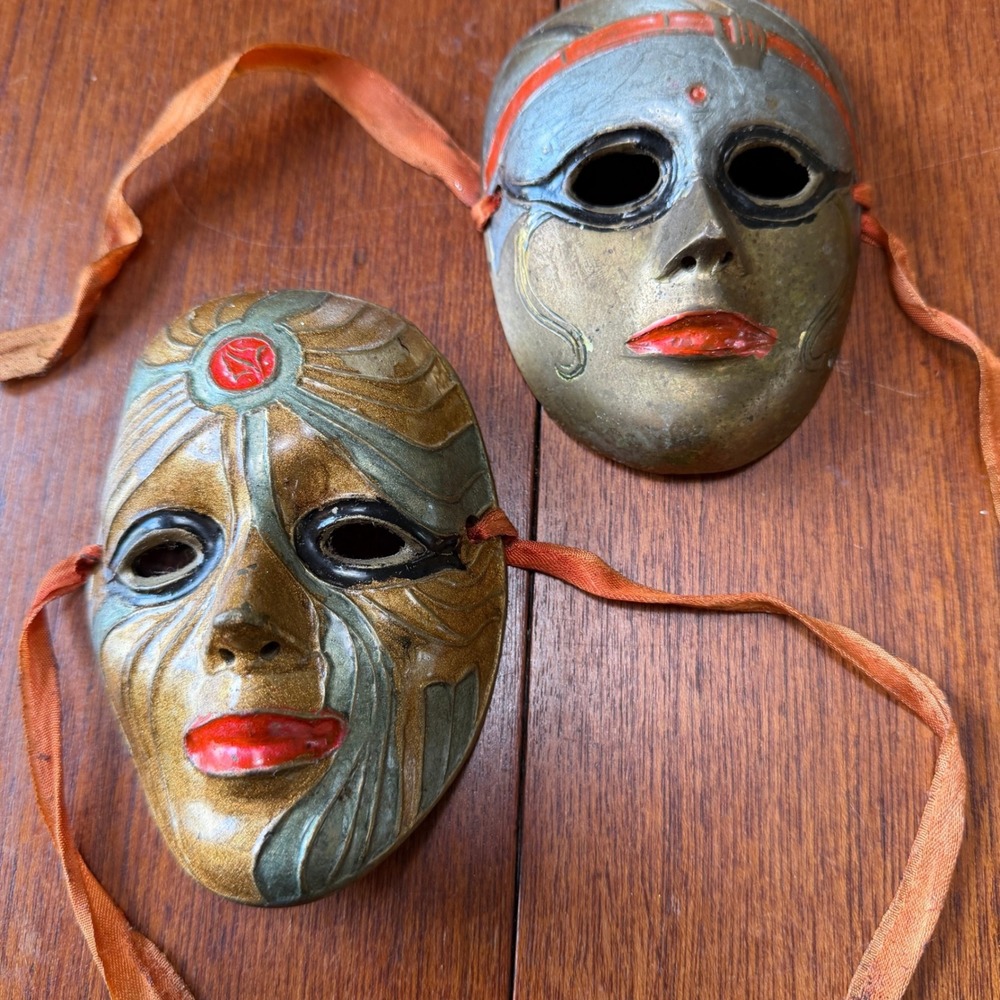 Vintage Solid Brass Hand Painted Decorative Face Mask Pair India Theater Boho